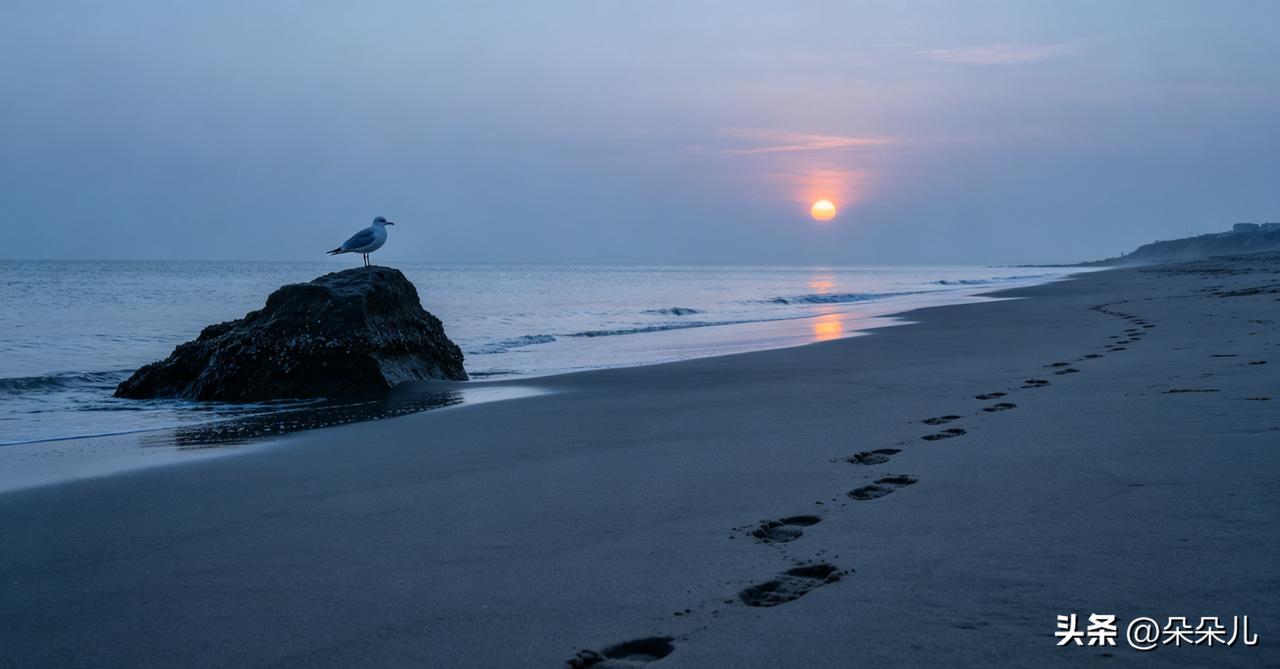 海浪拍打着沙滩，留下一圈圈孤寂的涟漪，我独自坐在礁石上，看夕阳将天空染成一片落寞