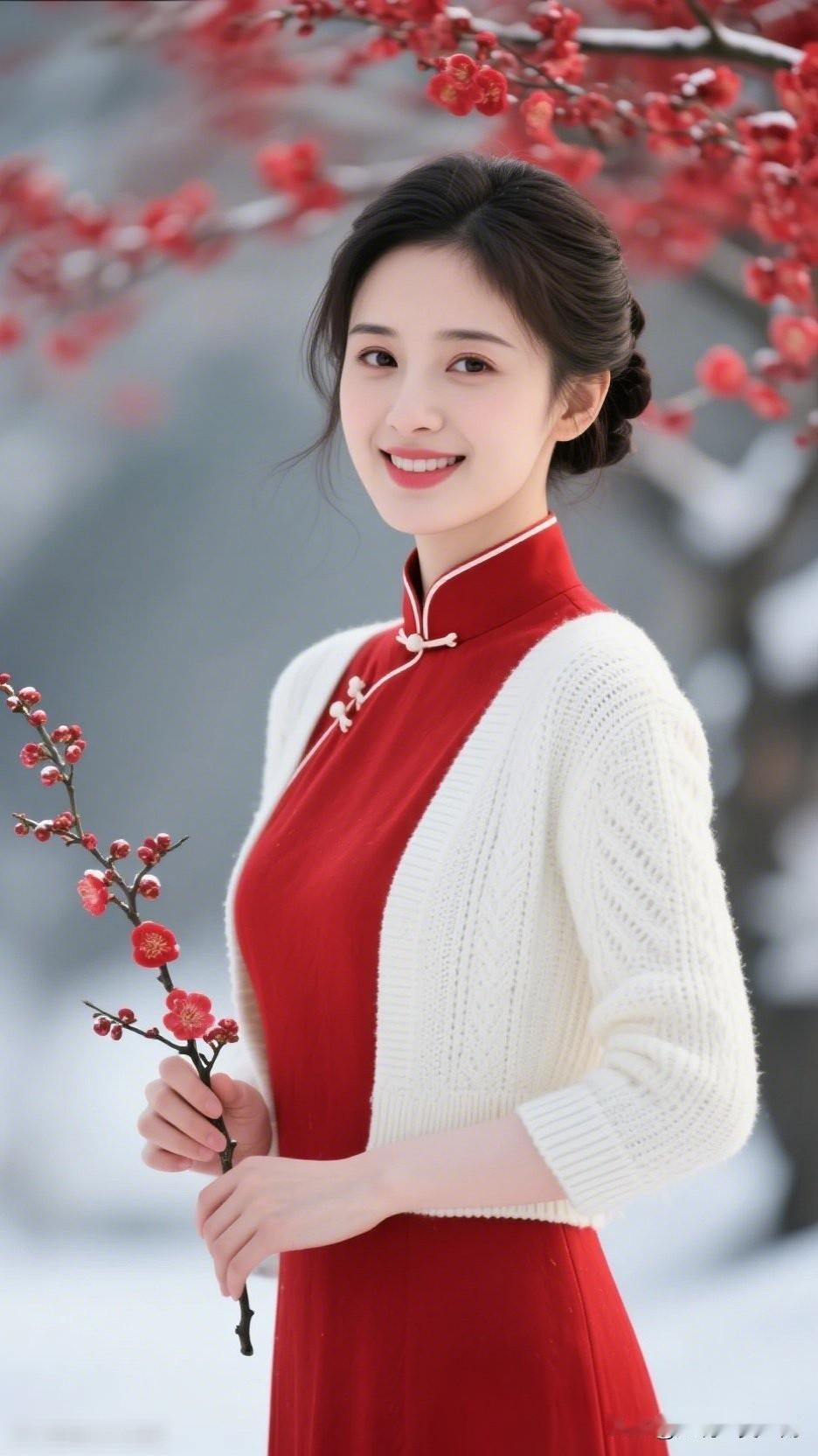 红衣映雪枝，笑语盈盈处。什么样的穿搭可以成为气质女神? 冬日暖阳下，红衣少女手持