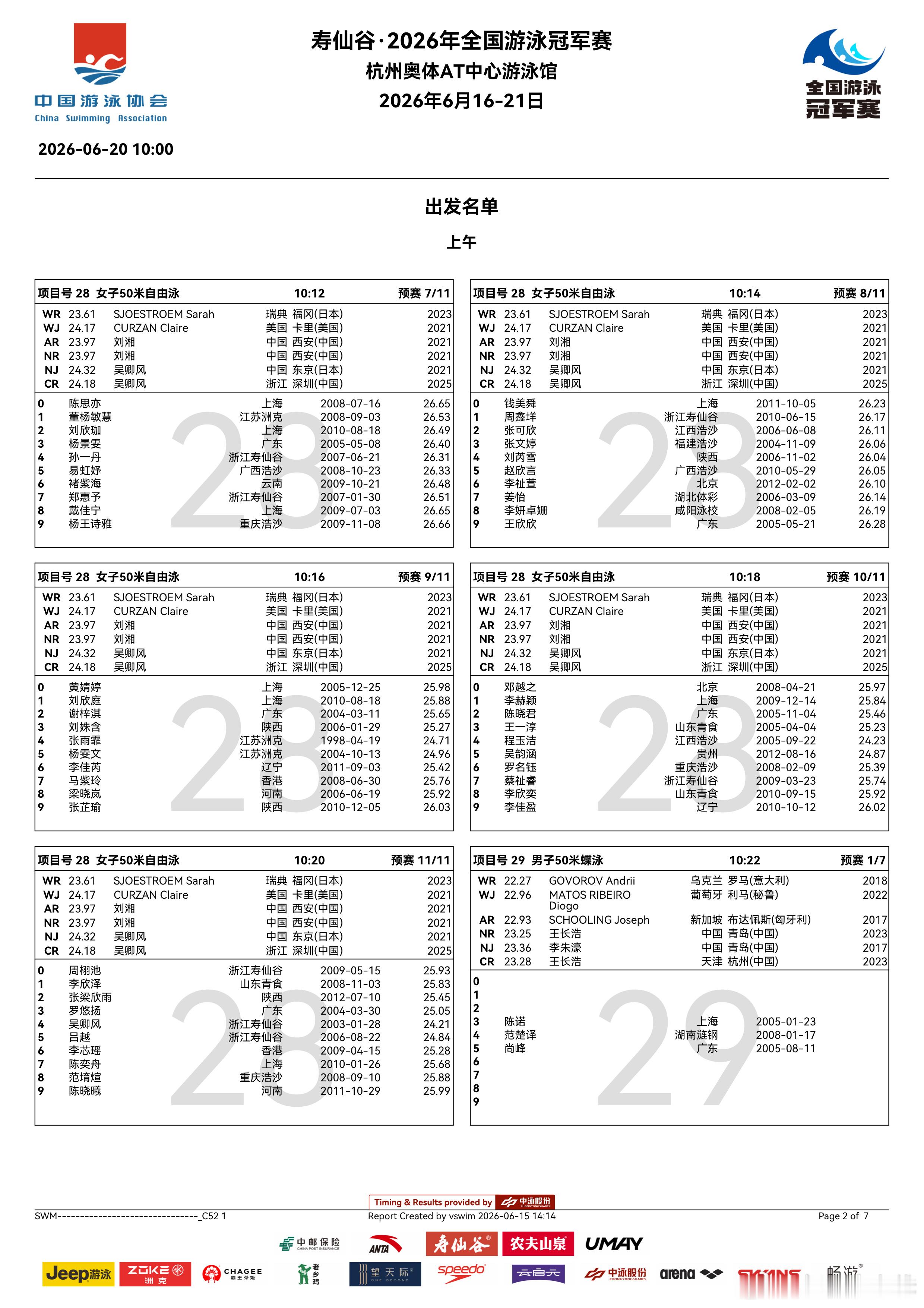2026年全国游泳冠军赛 明天比赛秩序单来啦