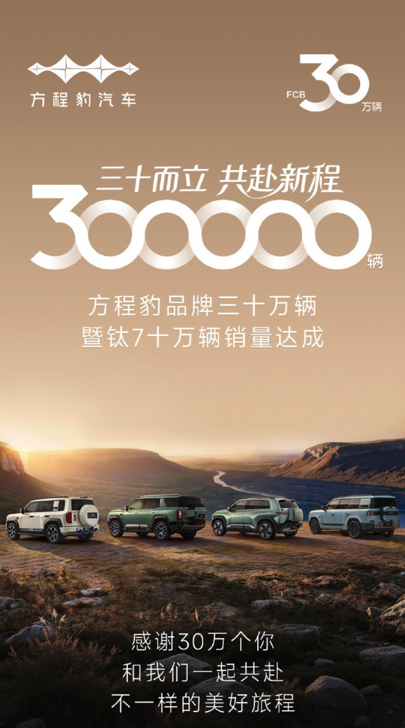 方程豹累计销量达30万辆，与此同时钛7亦达成10万辆的成绩。在比亚迪车型体系中，