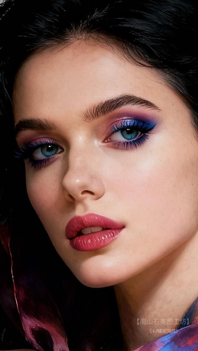 紫蓝眼妆晕染星河，卷翘睫羽如蝶翼轻颤，粉唇似玫瑰盛放。乌黑发丝衬得肌肤莹润，每寸