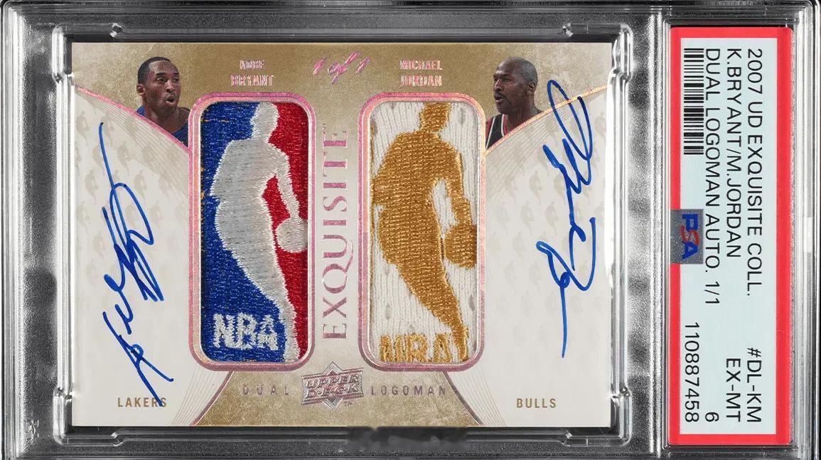 去年8月成交的科比乔丹双球衣logo卡（1293.2万美元）仍在升值，其背后的持