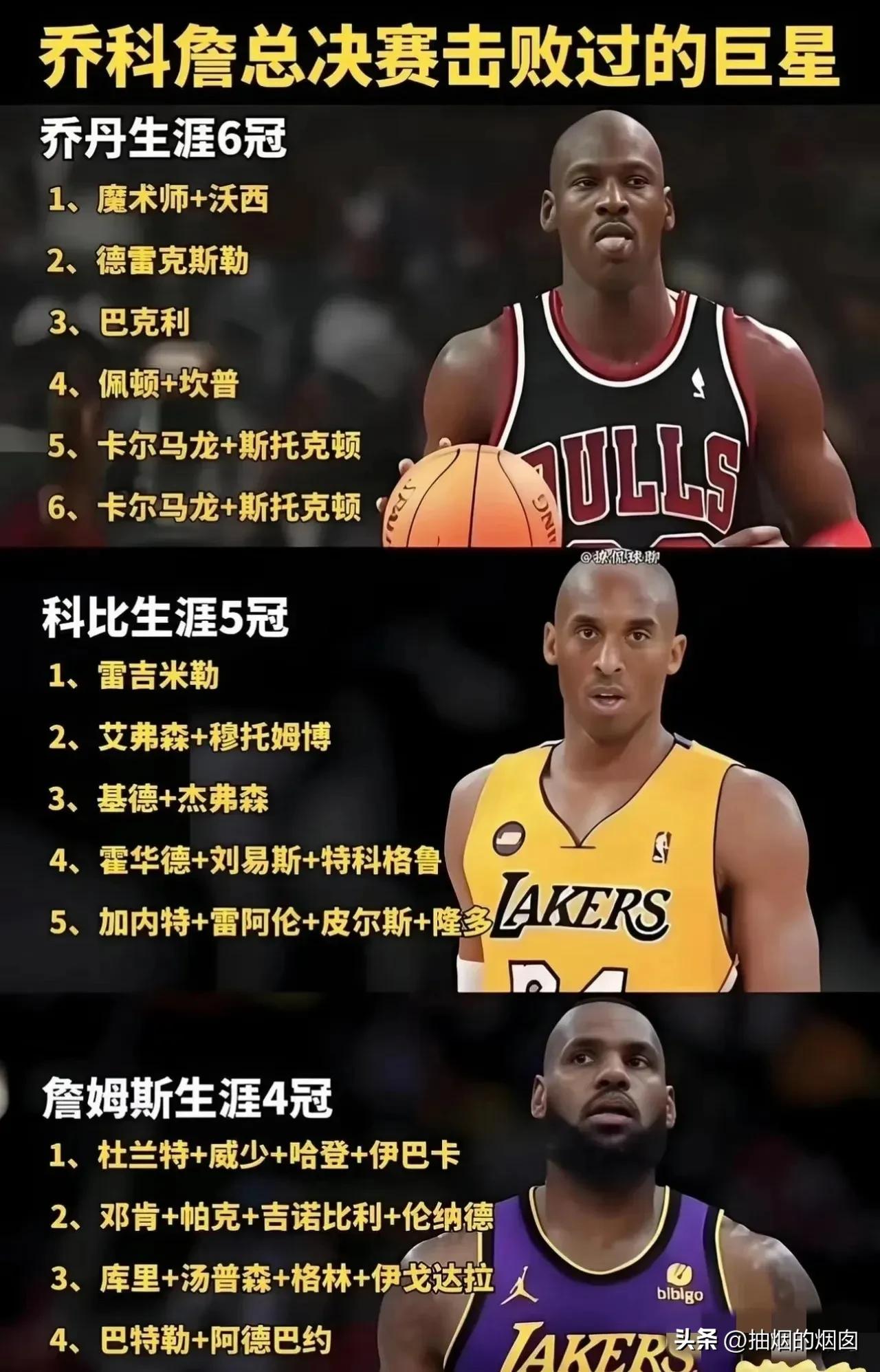 乔丹击败的对手，都是历史级别的巨星，魔术师约翰逊、巴克利、手套佩顿、犹他双煞，尤