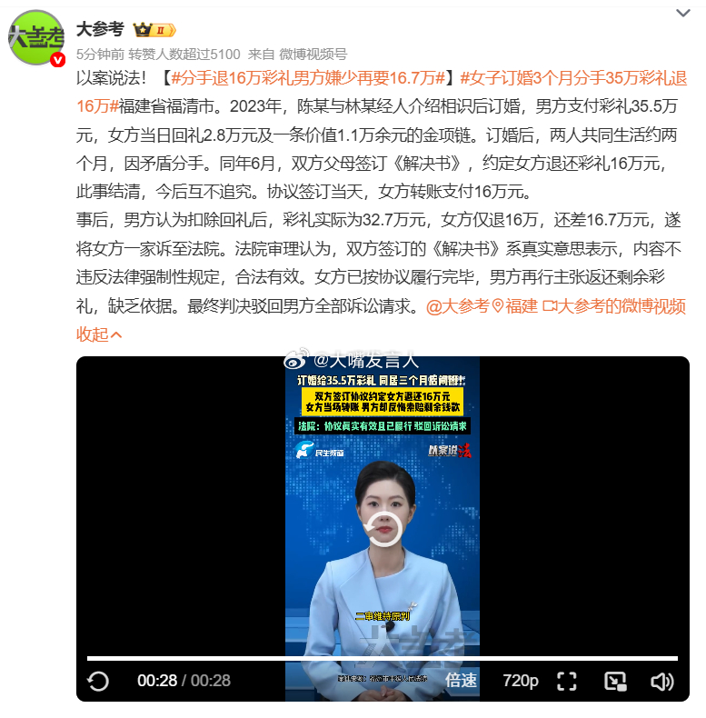 分手退16万彩礼男方嫌少再要16.7万    媒体提出这种话题，就不能进一步的报