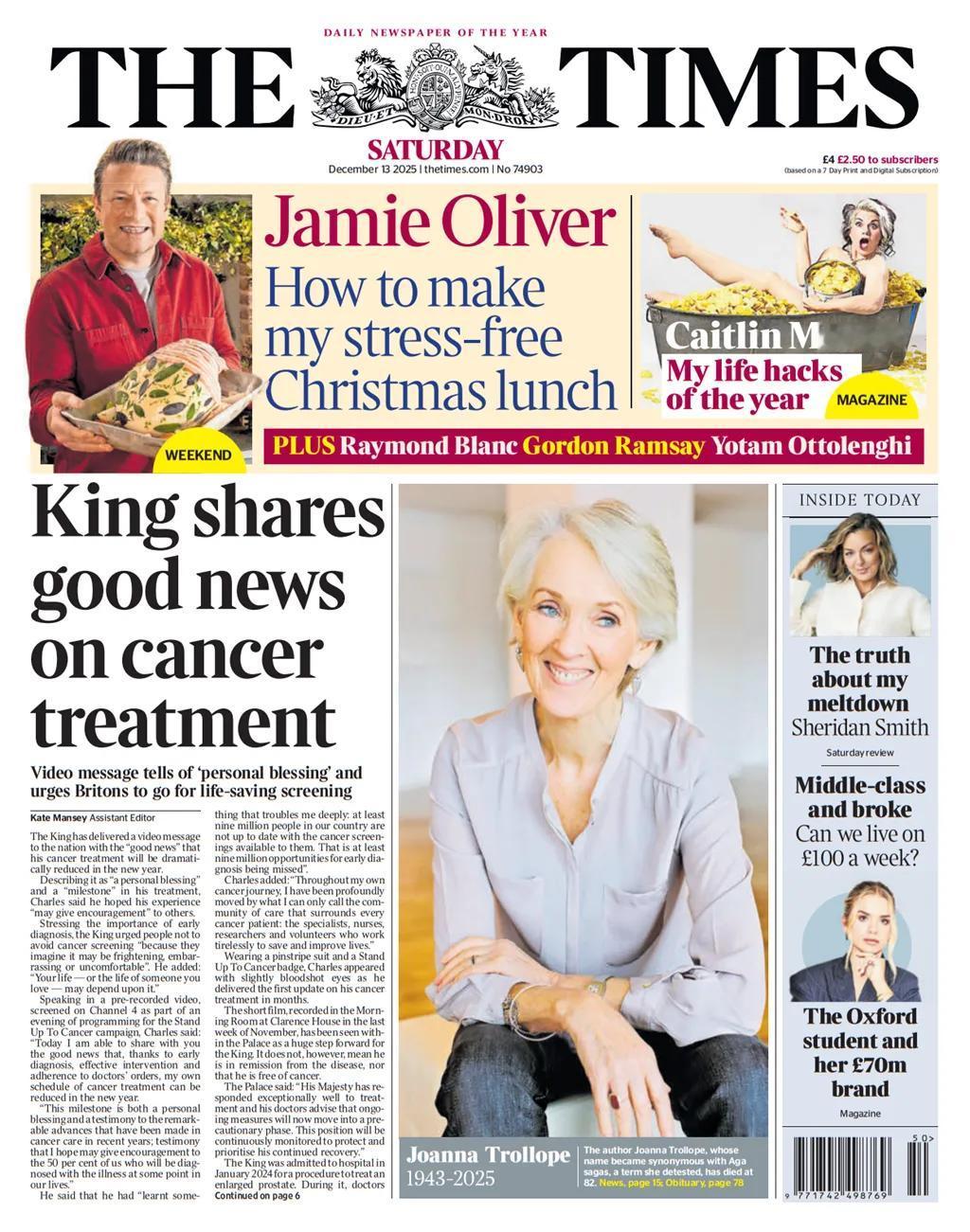 《泰晤士报》报道，英国国王收到了关于他癌症治疗的好消息，治疗将在新的一年减少。