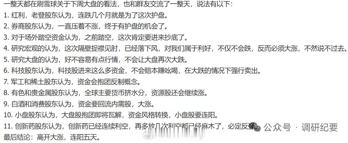 整天都在刷雪球关于下周大盘的看法也和群友交流了整天最后结论：高开大涨，连阳五天[