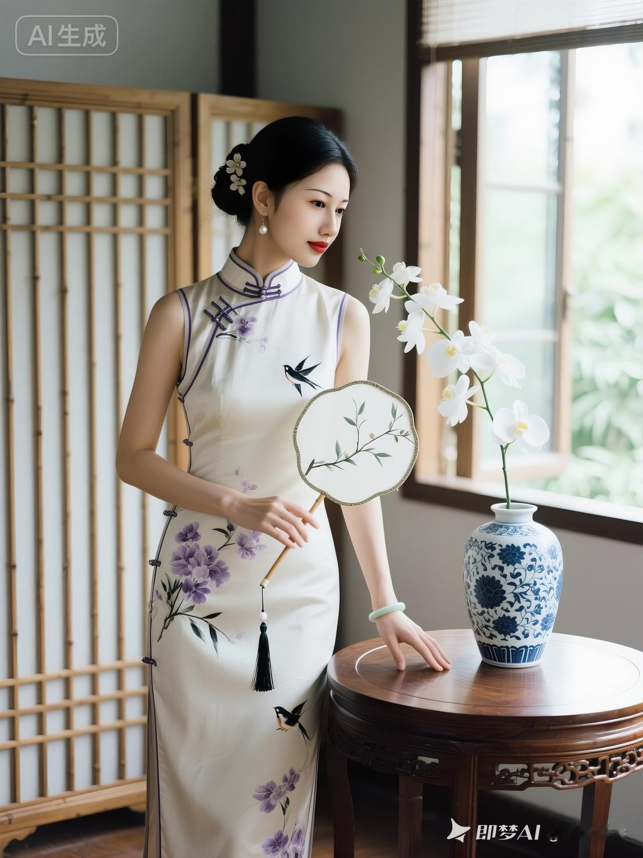 东方韵味，清幽暗香，旗袍美人与瓷瓶花艺的完美融合。