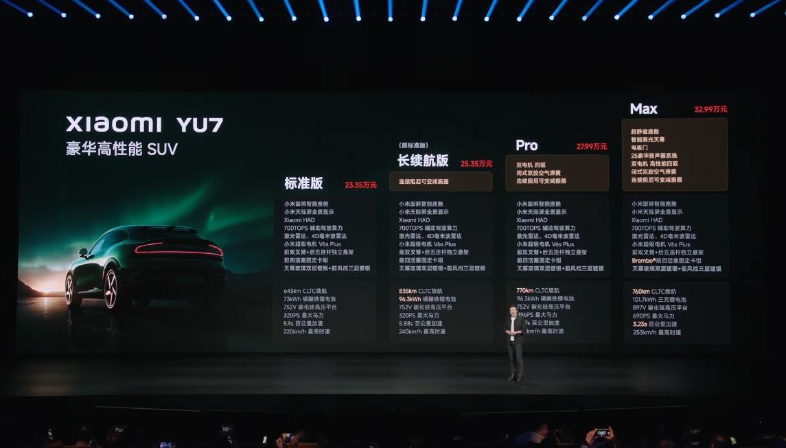 小米YU7 标准版23.35万，主要是电池变小了。Nappa真皮、电动前备箱、H