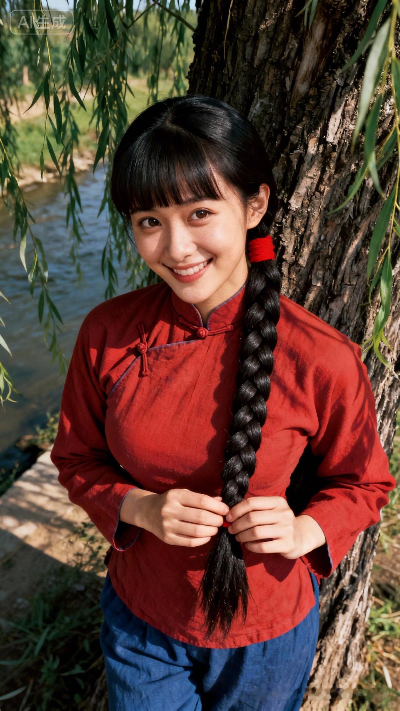 红衣少女，笑靥如花，古风韵味，自然之美。