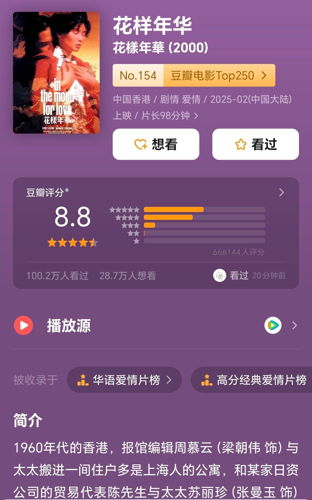 豆瓣显示《花样年华》会在2月内地上映。大概率是2月14日吧？！ 