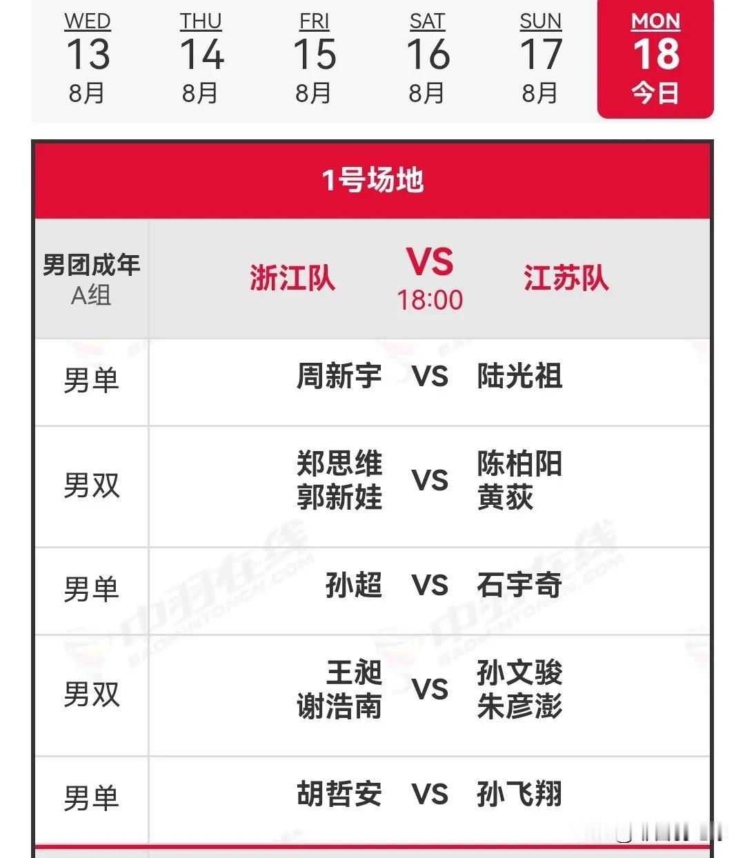 8月18日第15届全运会羽毛球团体赛资格赛晚场安排

今日，2025年第十五届全