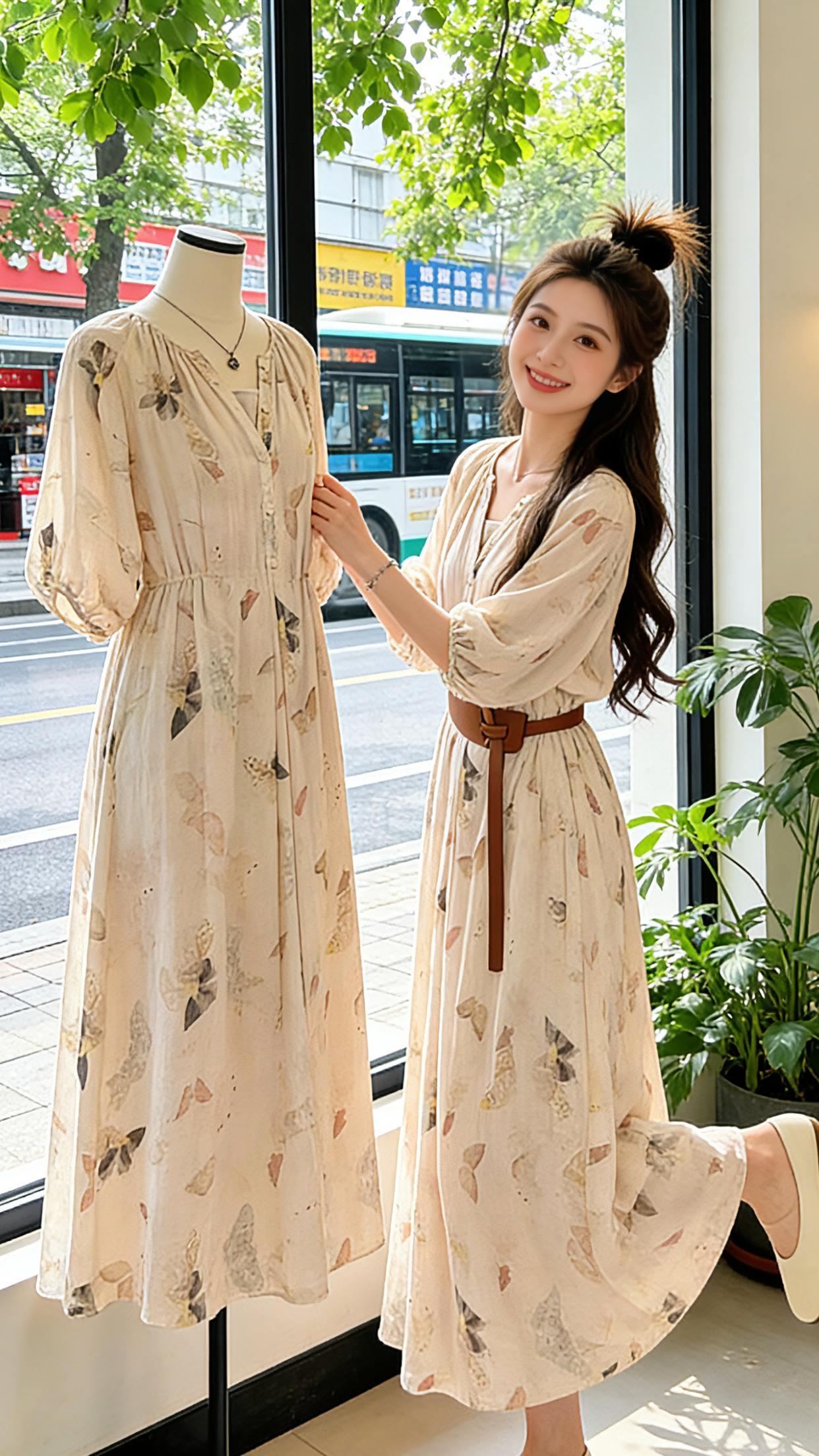 初夏的氛围感，被这条蝴蝶印花长裙狠狠拿捏了！温柔法式度假风，宽松版型不挑身材，自