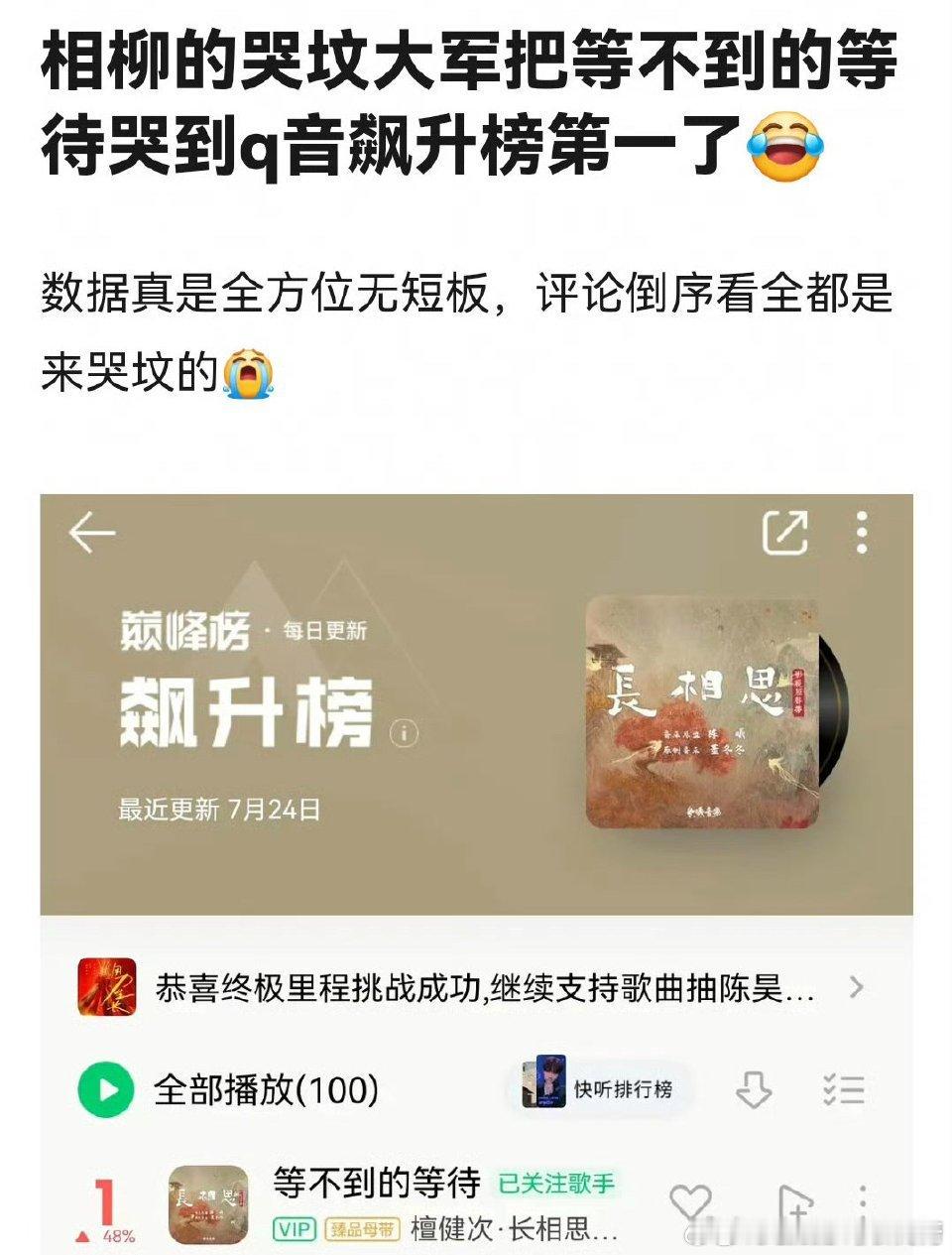 相柳的哭坟大军在QQ音乐里给《等不到的等待》哭到飙升榜第一了[笑cry][笑cr