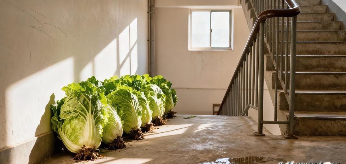 白菜搁楼道，不是摆摊，是给邻居留了门。
三棵不见了，有人顺手，有人心虚。
楼道不