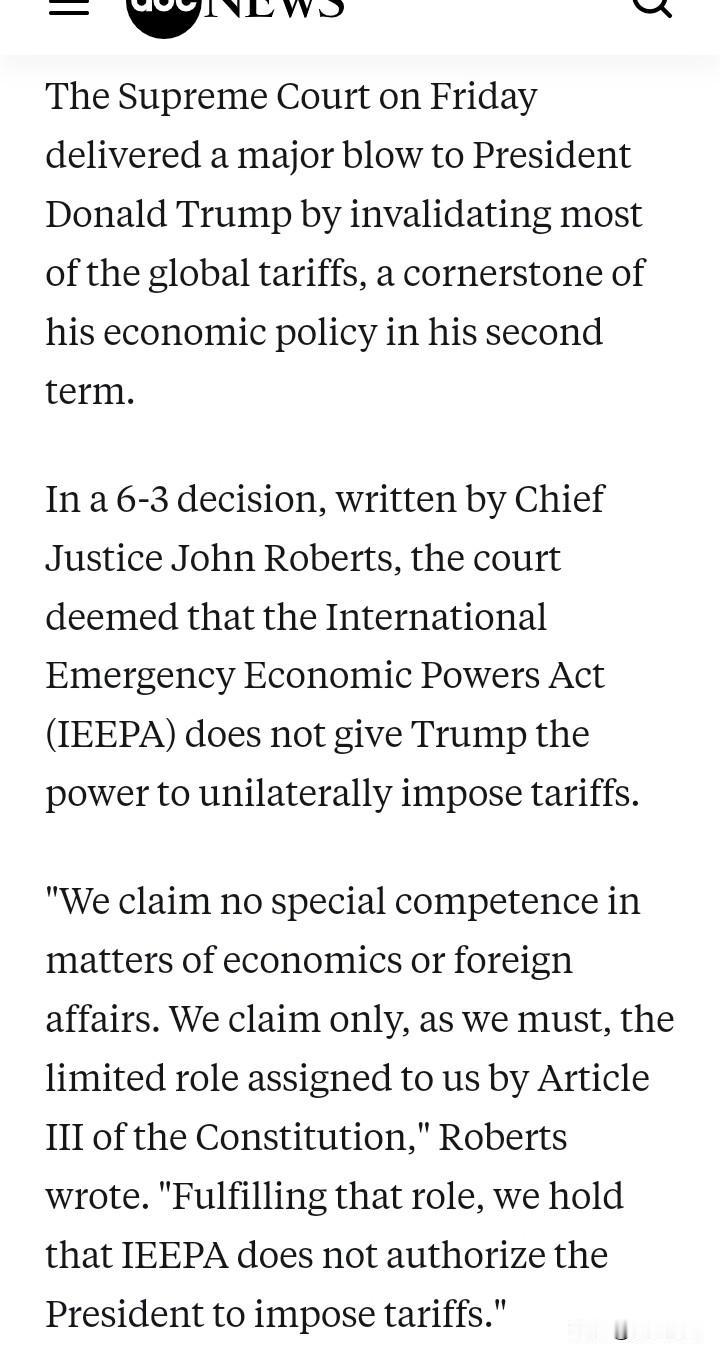 美国最高法周五以6—3裁定：川普的以IEEPA（1977《国际紧急经济权力法》）