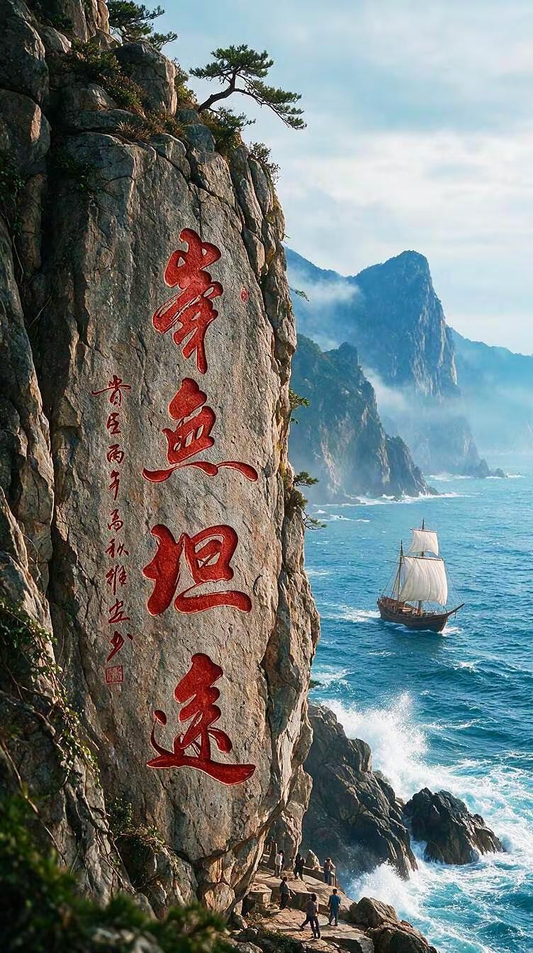维安原创书法作品。AI红墨崖刻山海图