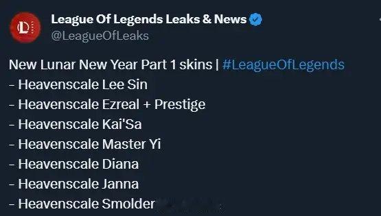 据外网爆料，LOL官方将在14.3版本左右实装两套新皮肤伏虎之力和天龙之子。天龙