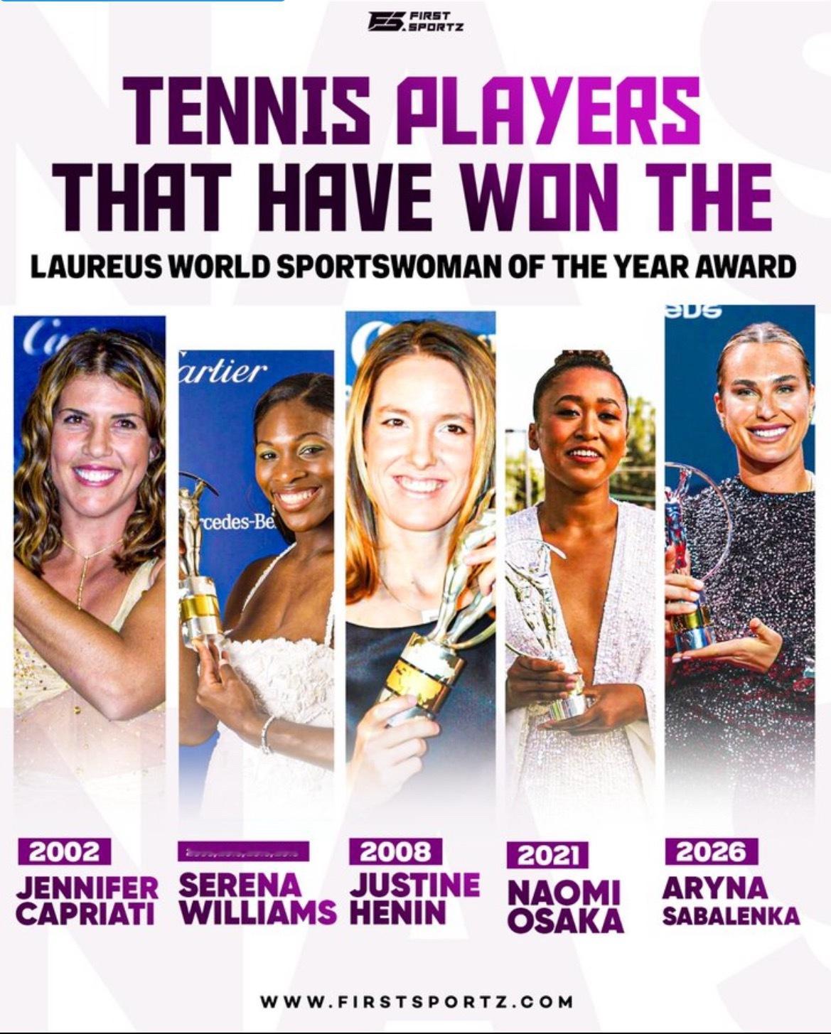 网球包揽劳伦斯最佳男女运动员萨巴伦卡获劳伦斯最佳女运动员体育大赏 赢得劳伦斯世界