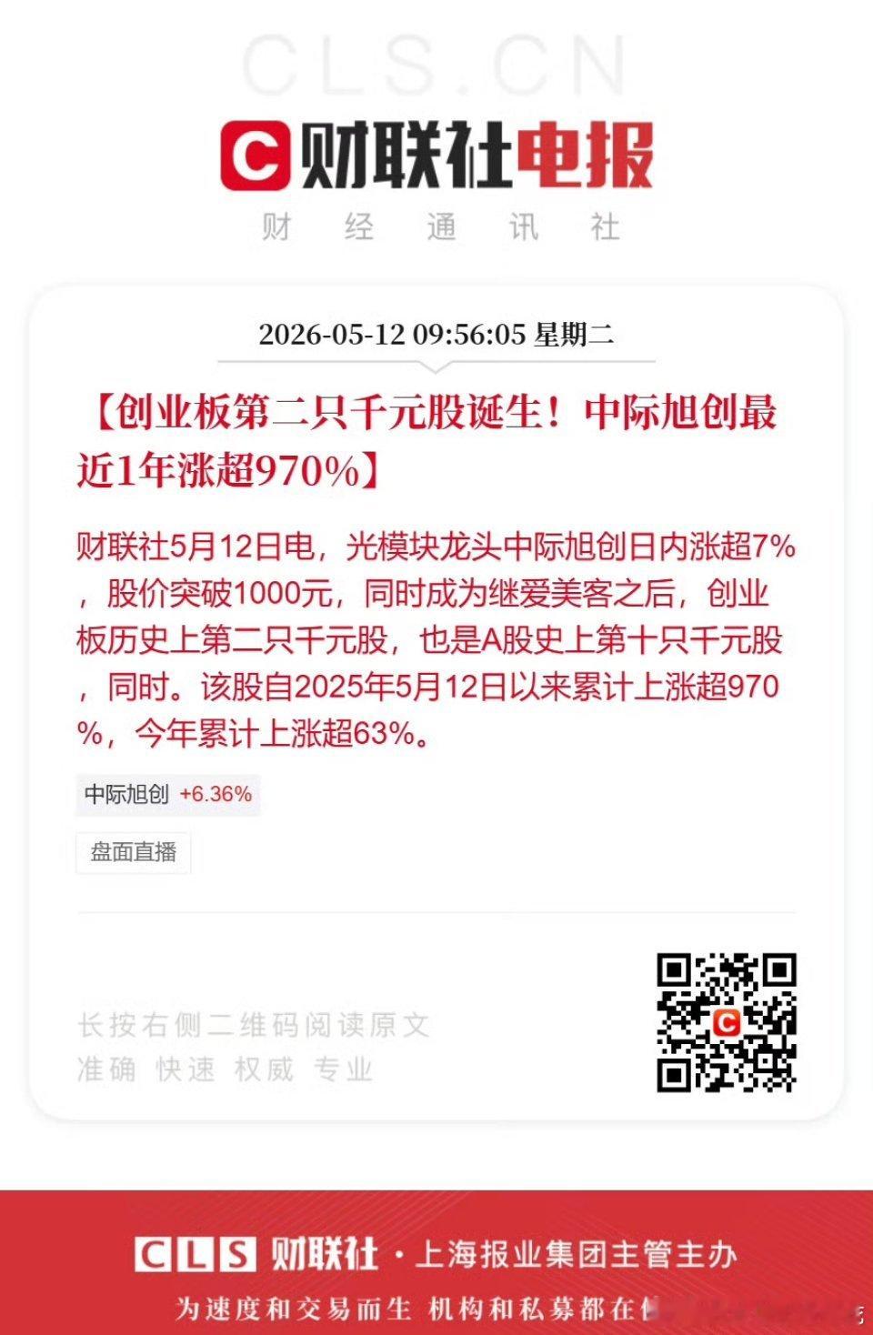 【创业板第二只千元股诞生！中际旭创最近1年涨超970%】中际旭创股价突破1000