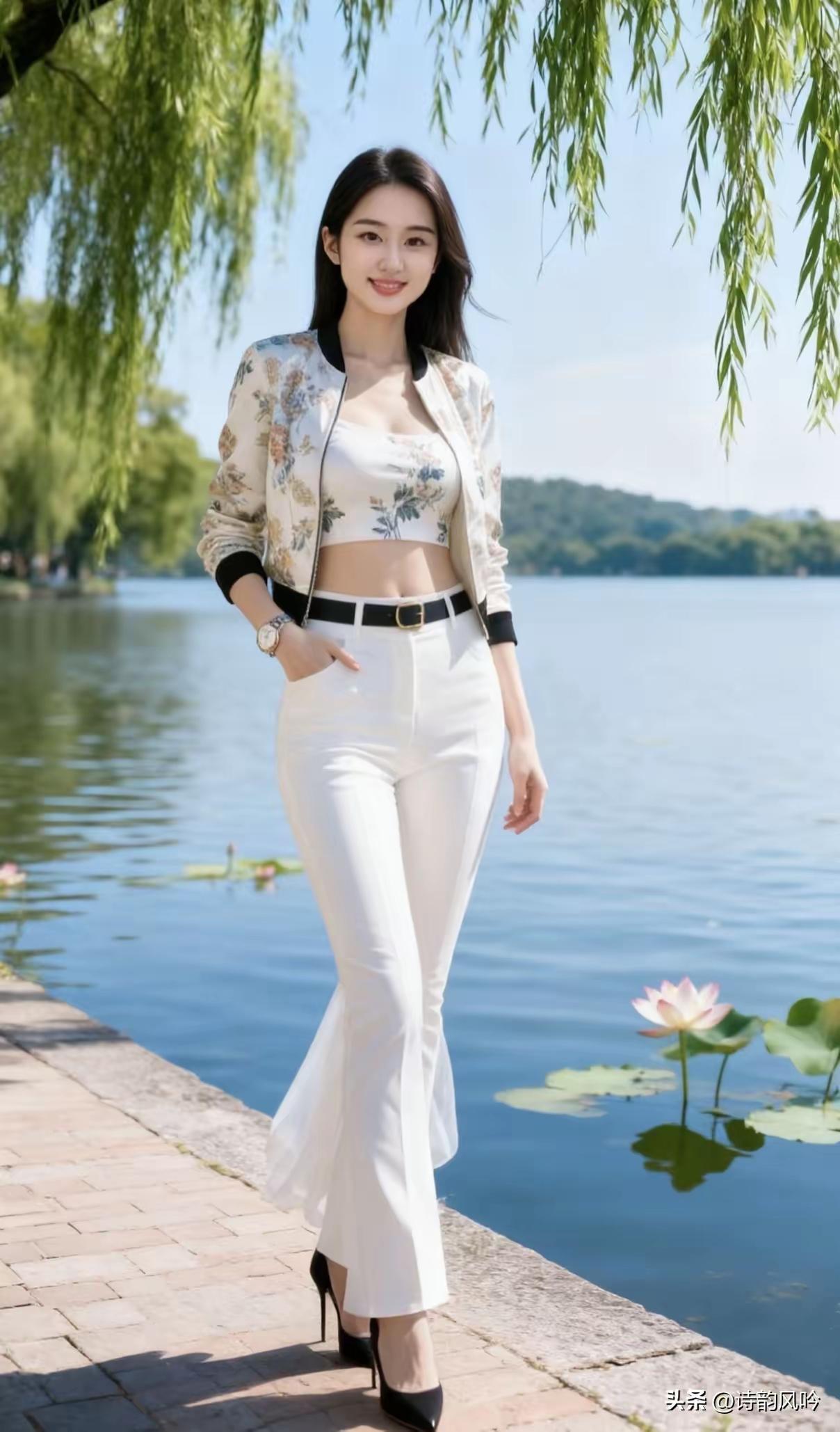 天净沙·春影
柔柳碧水池塘，
白衣倩影湖旁，
一笑春风尽爽。
桃花轻放，
香迷醉