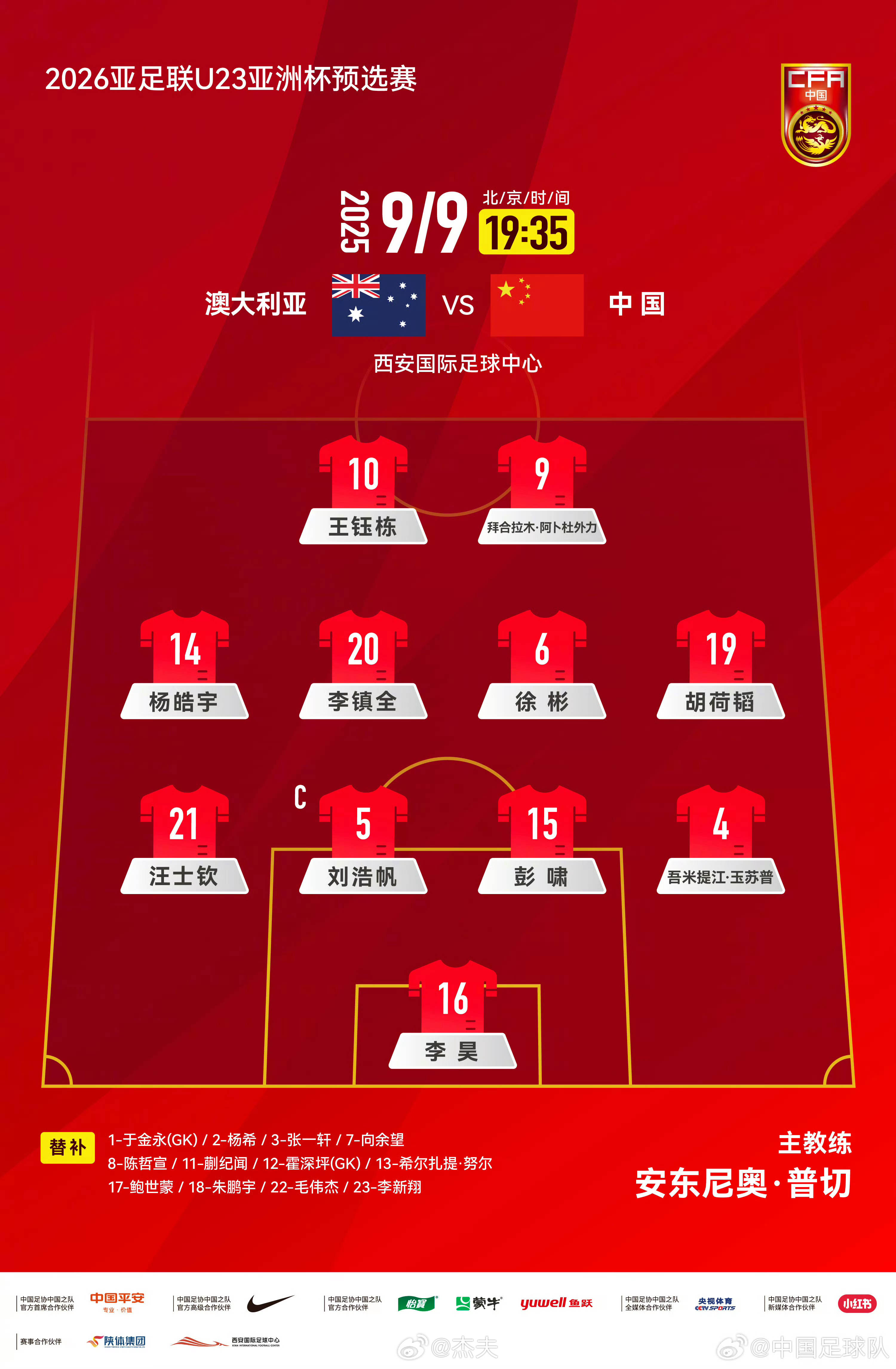 U22国足vs澳大利亚U22 成都蓉城胡荷韬首发，国足这场生死战，少丢球很重要，