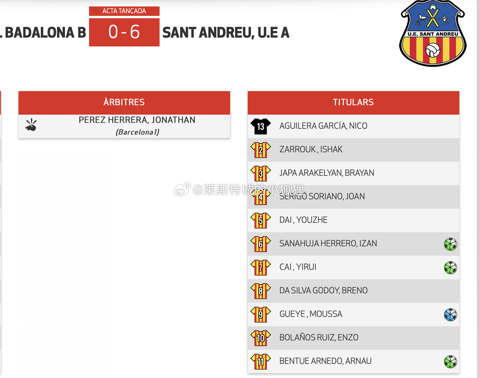 圣安德鲁U16A队6-0大胜FUNDACIÓ FUTBOL BADALONA U