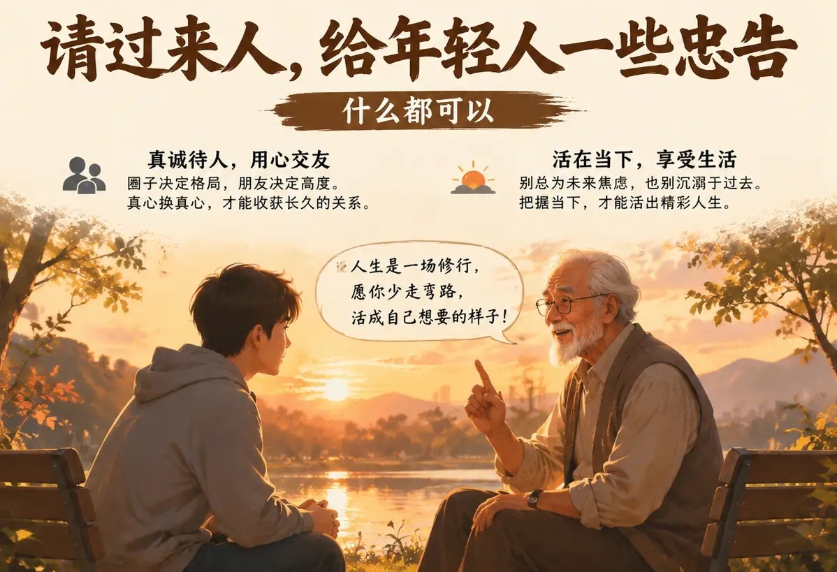 请过来人给年轻人一些忠告，什么都可以。我先来个大众点的：真诚待人，用心交友 