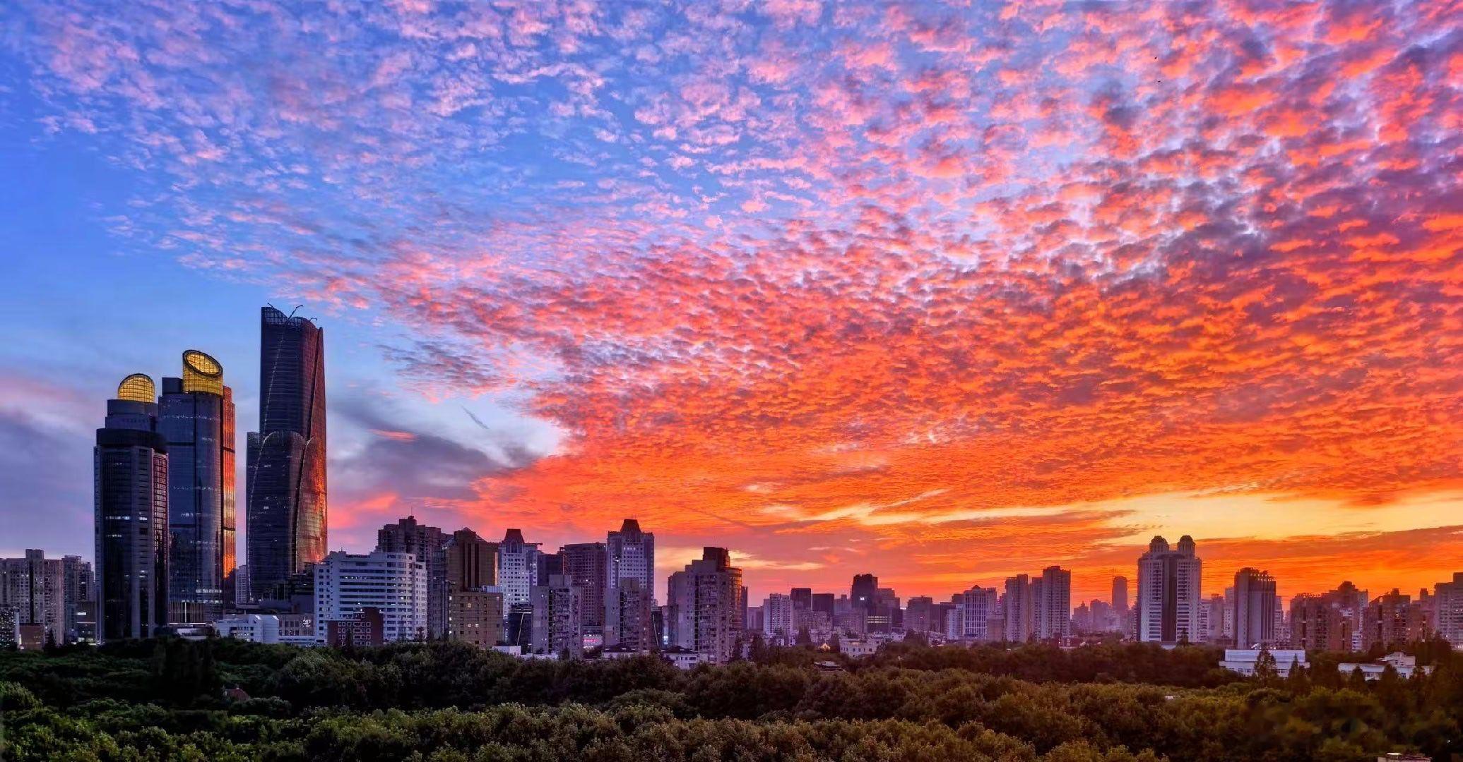 上海最美晚霞朋友圈炸了一遍又一遍最近几天的傍晚，上海的天空像是被人悄悄点燃了，又