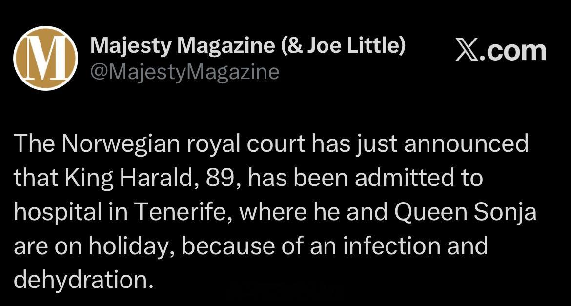 挪威的哈罗德国王又一次在度假期间被紧急送医，这次是在西班牙特内里费岛，他要接受感