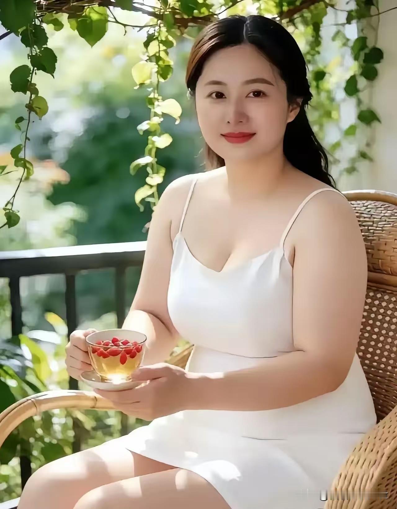 行香子·晴窗茶语
 
藤椅轻摇，翠影垂条。
晴光里、素裙初飘。
瓷杯浅握，枸杞红