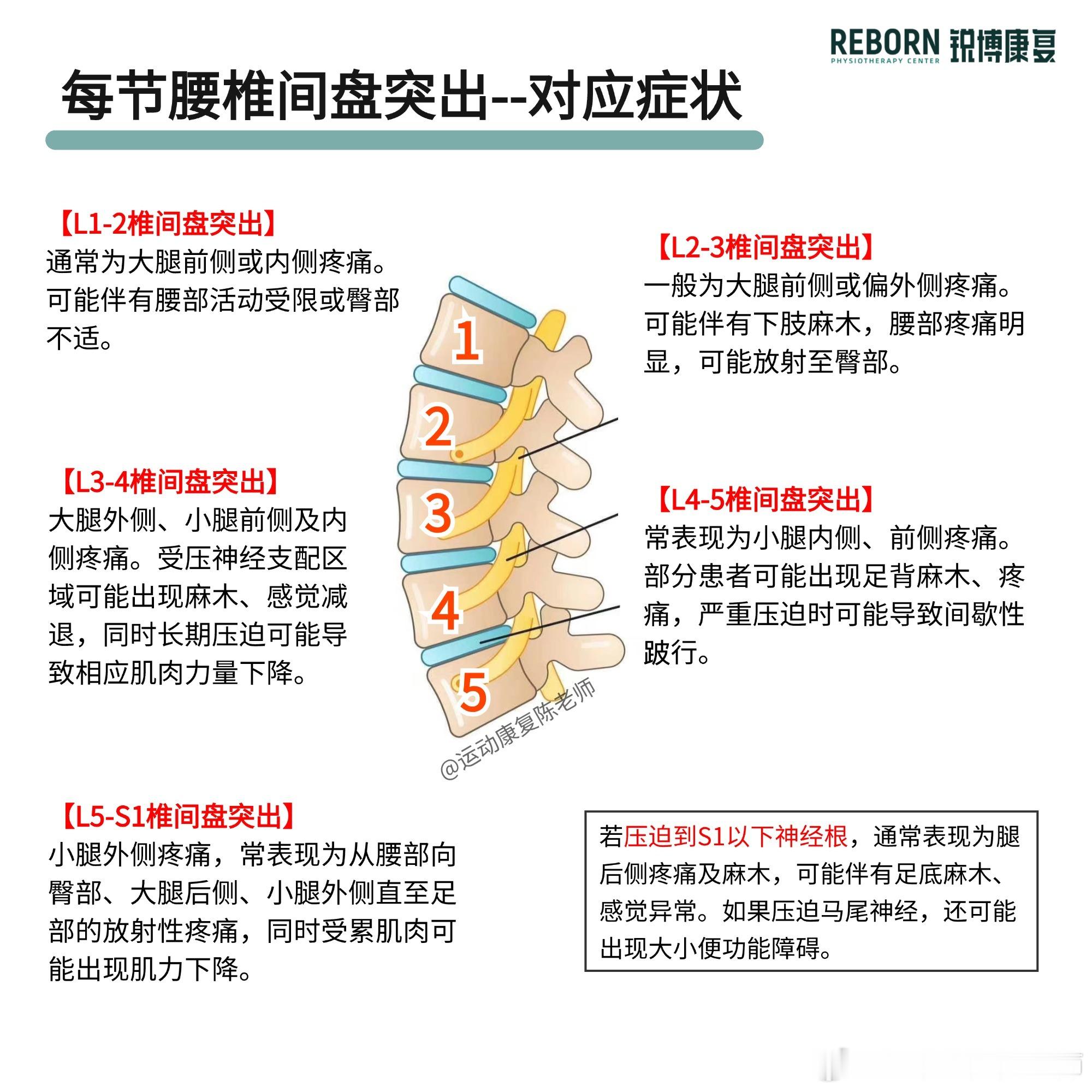 #腰椎间盘突出# 【一张图带你了解腰突症状】不同腰椎间盘的突出，引发疼痛的位置、