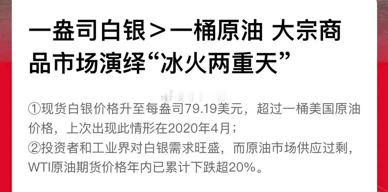 1盎司白银价格远超1桶原油了！市场出现定价畸形的时候往往是机会，要是把村里上个世