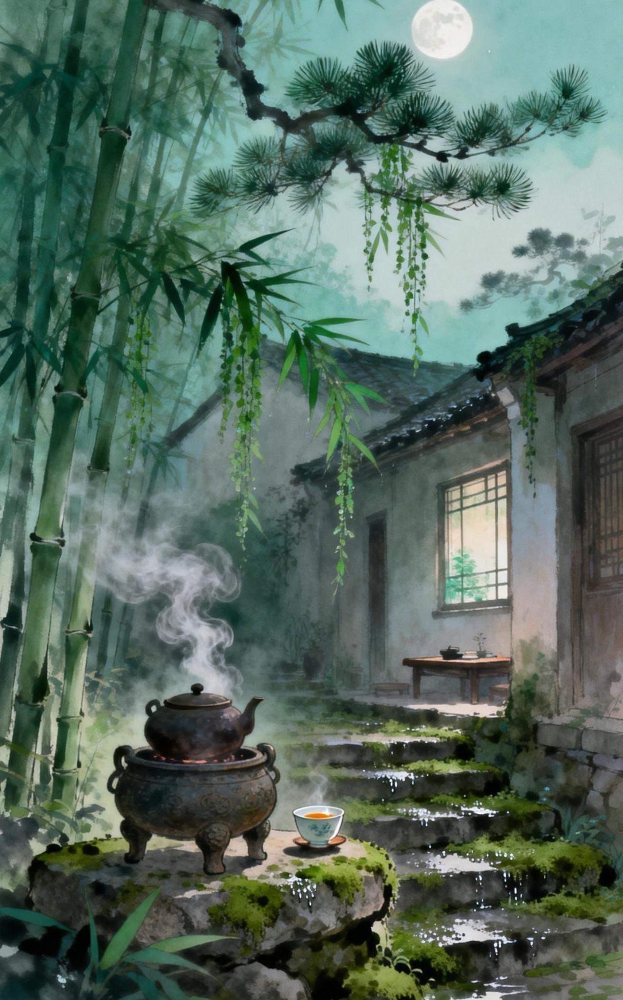 七律，闲居遣兴
幽居僻巷意愔愔，绕舍松篁翠入襟。
石鼎烹茶烟袅袅，苔阶着露润沉沉