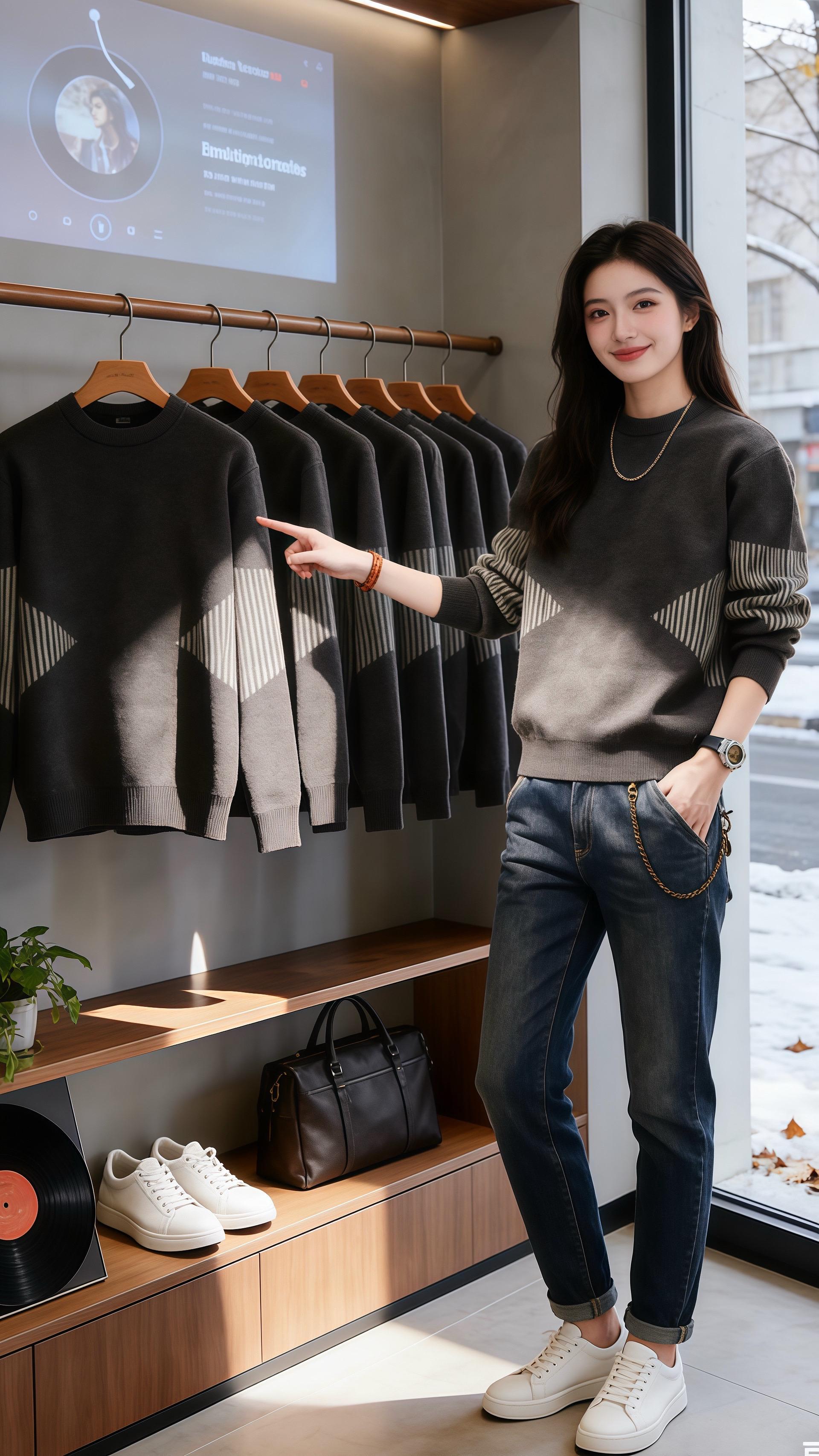 雪纹潮趣  北城的雪粒敲着男装店的落地窗，暖灯将黑胶唱片的影投在木质货...