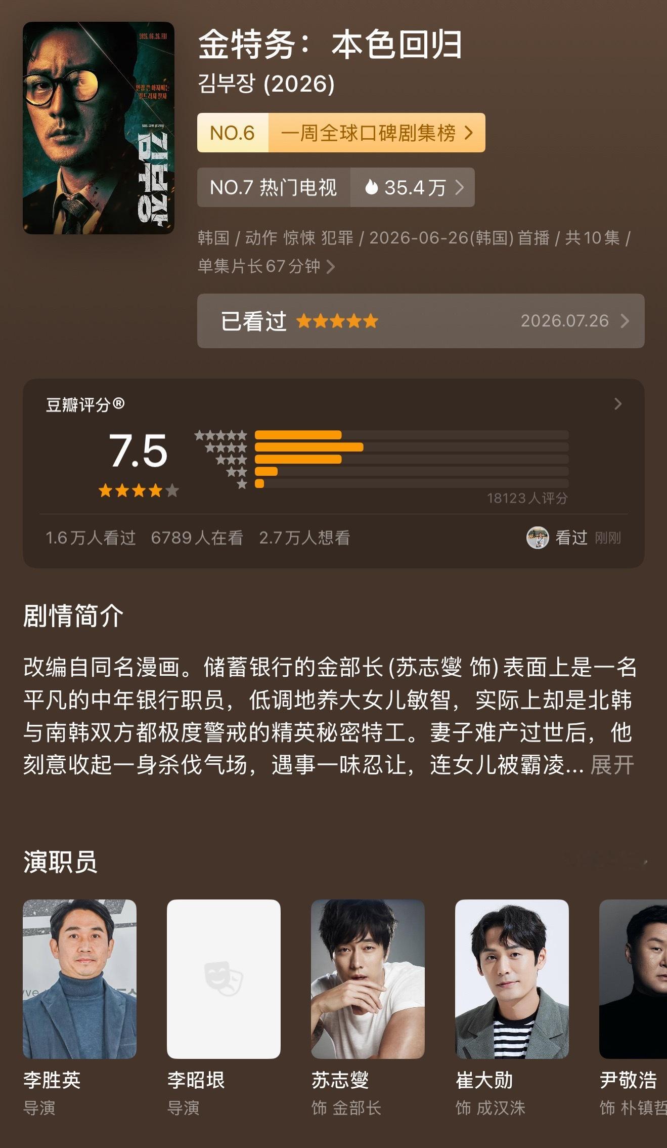 看完了《金特务：本色回归》，很好看，推荐下……剧情有短剧的爽感，但质感又好很多，
