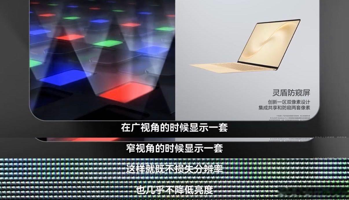 华为灵盾防窥屏技术一区双像素这个设计真的很巧妙，从屏幕底层限制侧向视角，既做到防