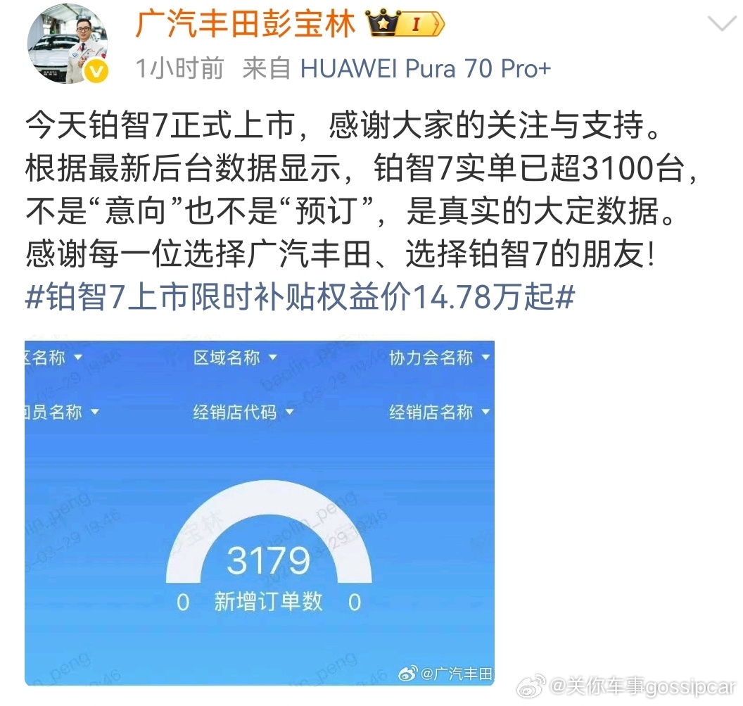 刚刚关注到消息，说铂智7上市锁单超3100台我个人觉得这个数据挺实在的没有说几分