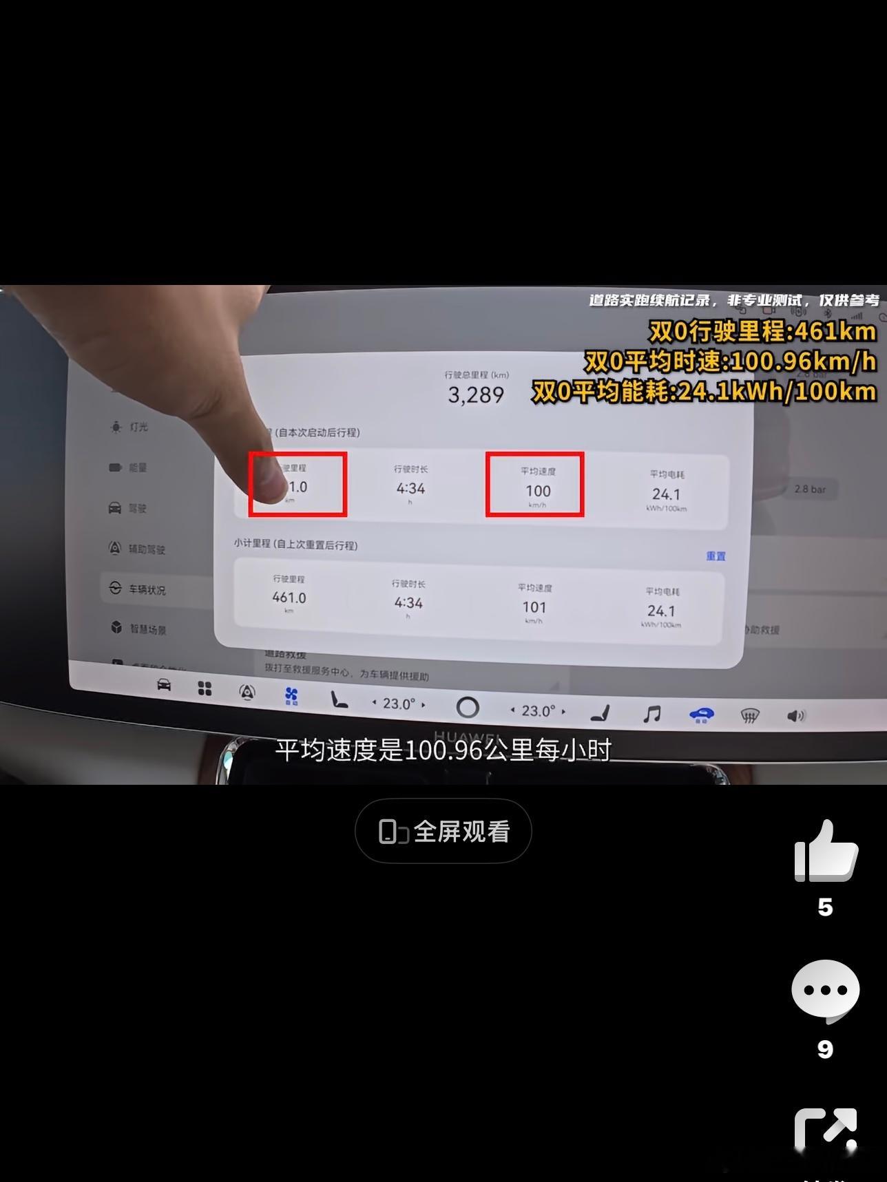 有博主实测 2026 款问界 M9Ultra 纯电六座总续航 461km，平均车