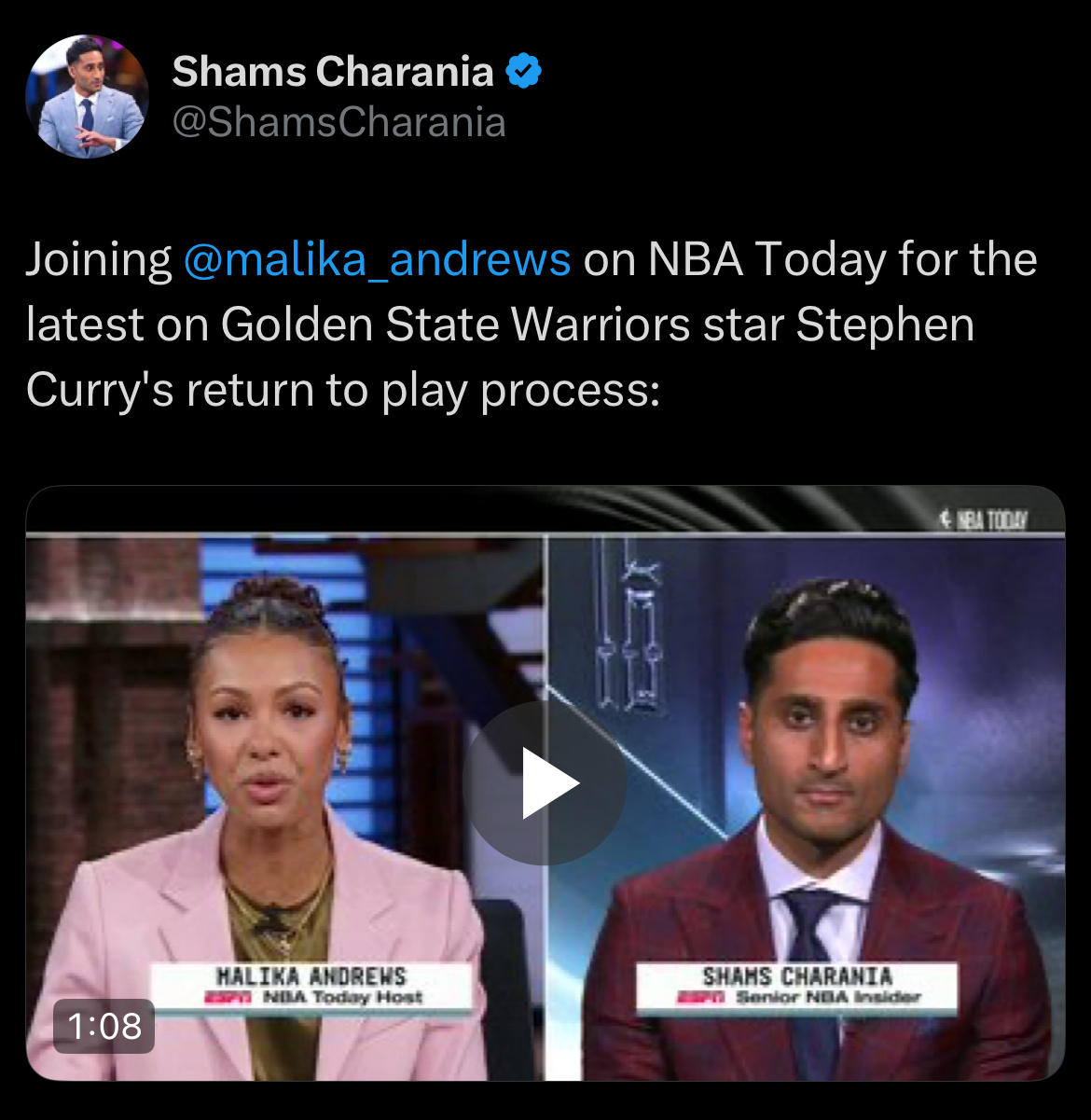 Shams：库里正在提升训练强度，有望三月底复出。 前几周困扰他的膝盖肿胀问题，