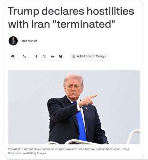 【🚨 美联社：特朗普宣布与伊朗的战争结束，可能重置国会批准的60天时钟。根据法