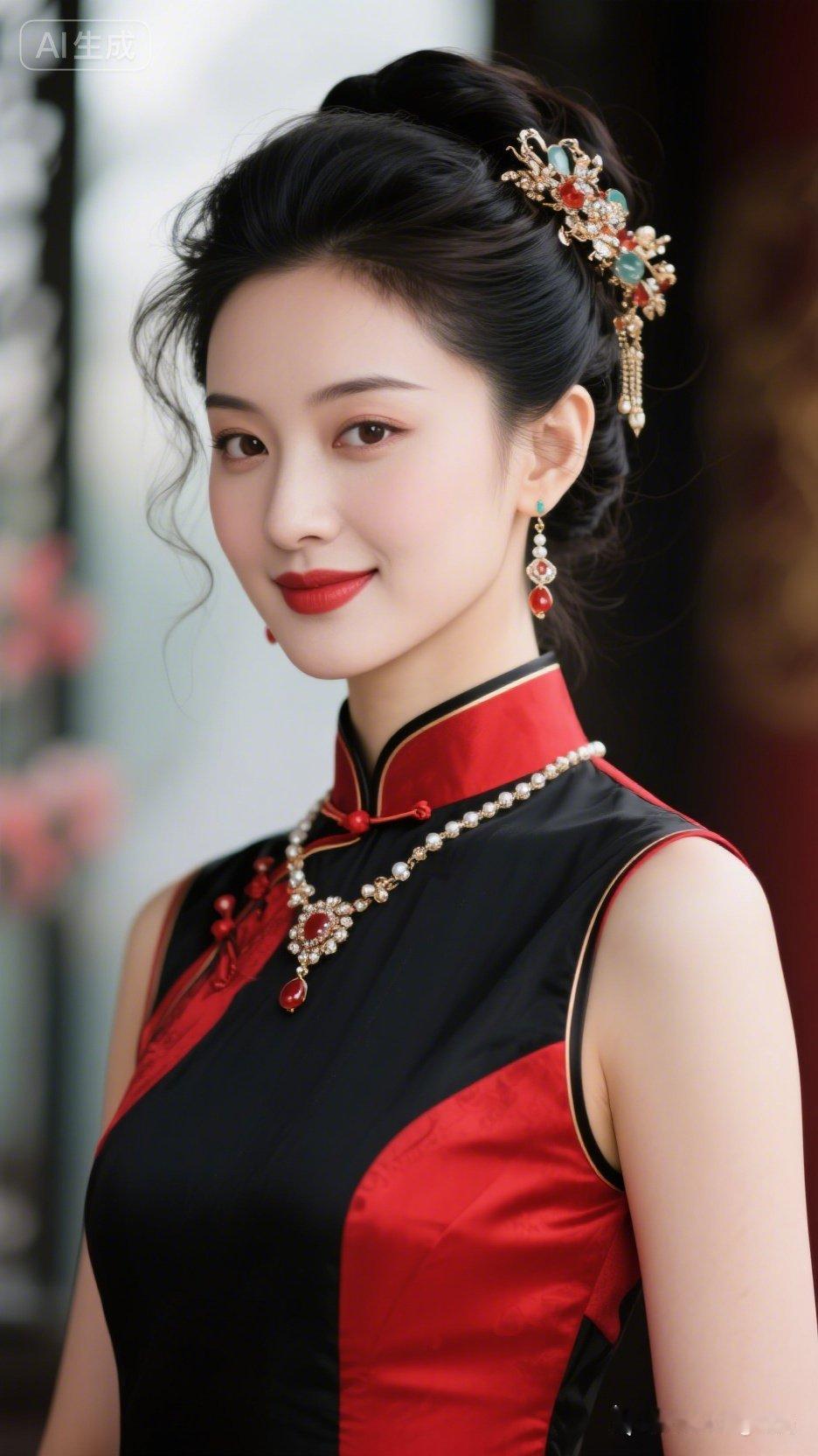 惊艳的古典美人，红黑相间的旗袍，优雅动人！