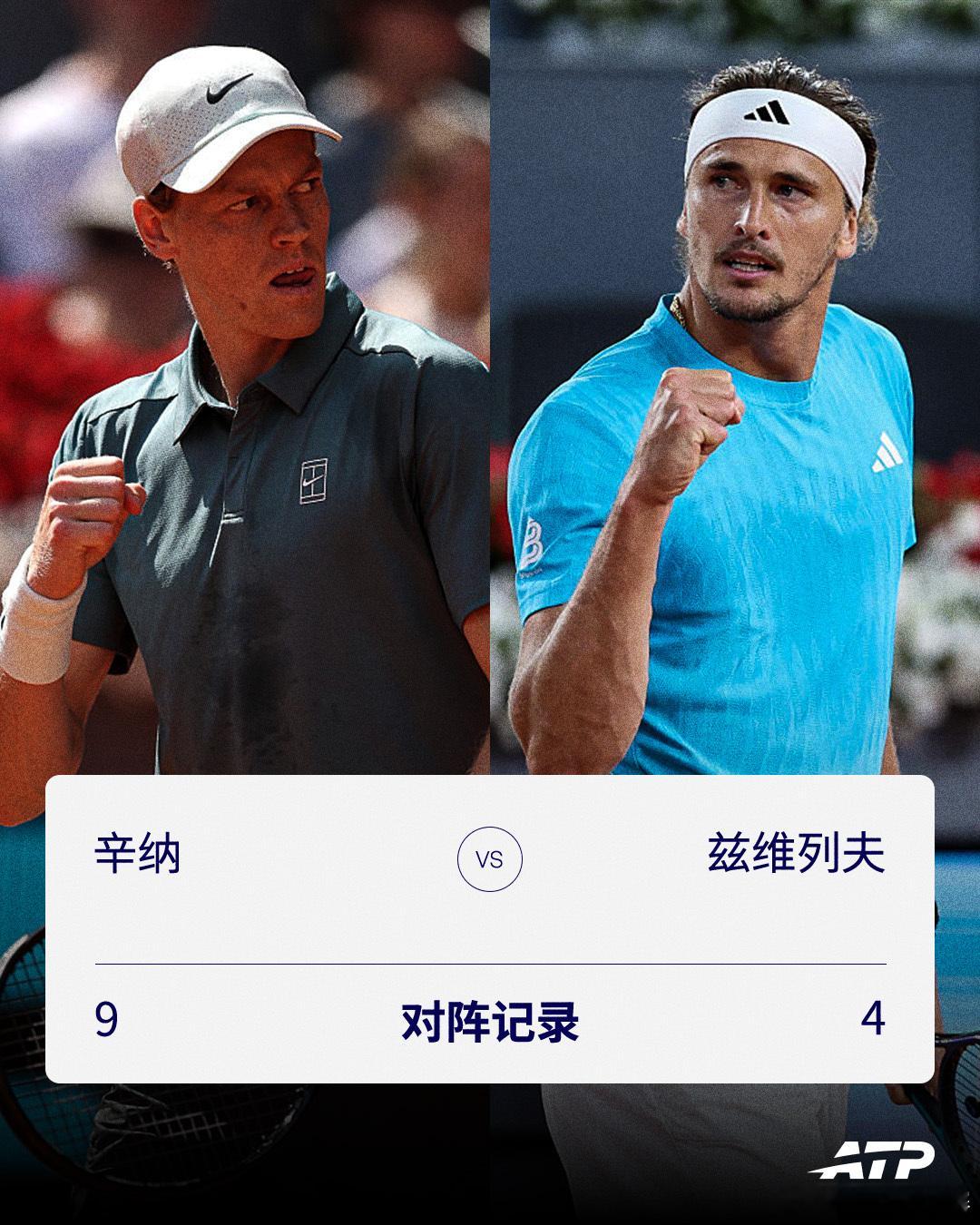 关于马德里大师赛男单决赛，你需要了解的对阵记录❗️辛纳-兹维列夫总对阵记录：9-