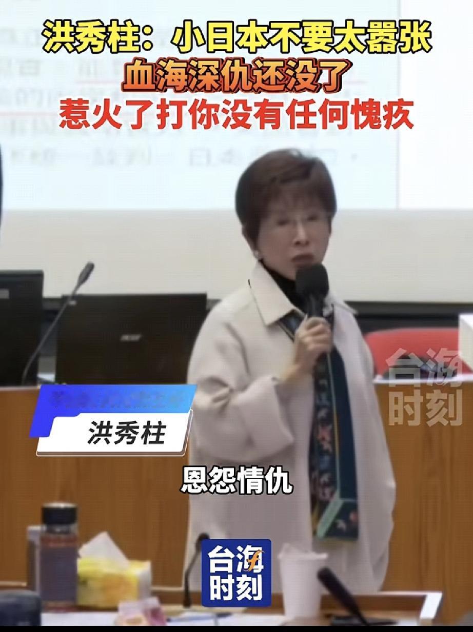 洪秀柱这话说的痛快！
“小日本别太嚣张，血海深仇还没了，惹火了打你没任何愧疚”。