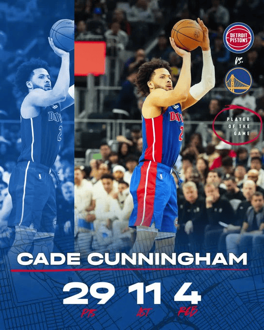 活塞发布坎宁安数据海报：全场29分4板11助，砍下两双数据！