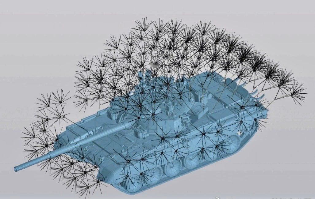 豪猪坦克的终极形态，蒲公英坦克。俄罗斯专利展示了一种柔性玻璃纤维杆制造的树枝撞防