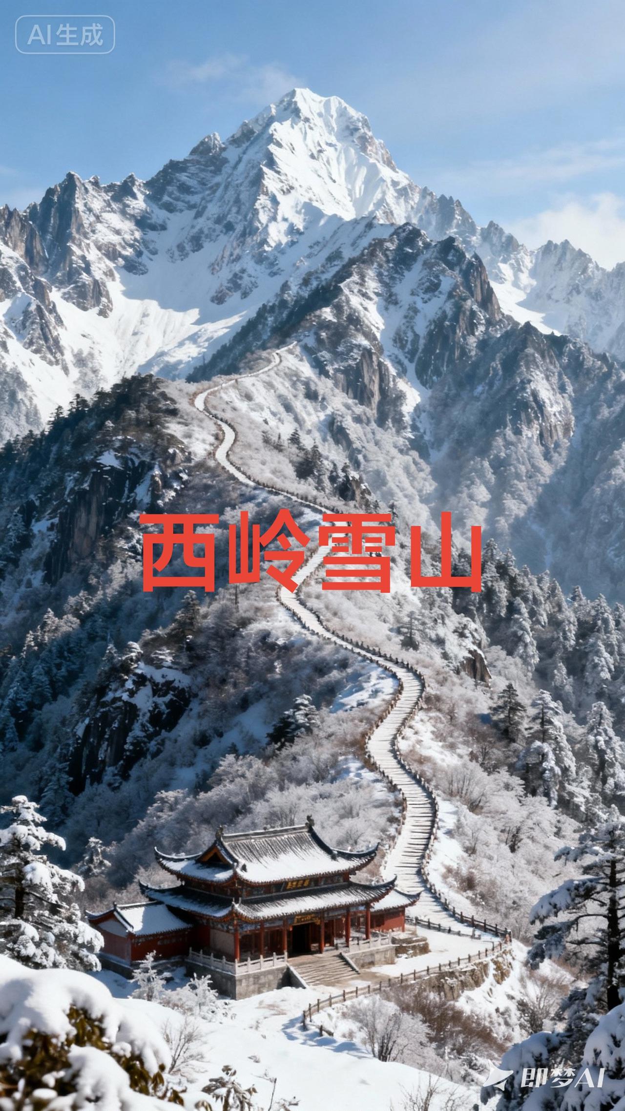 雪裹群峰，银装素裹的西岭雪山美成了诗。蜿蜒步道缠在白皑皑的山间，红墙古刹落满琼芳