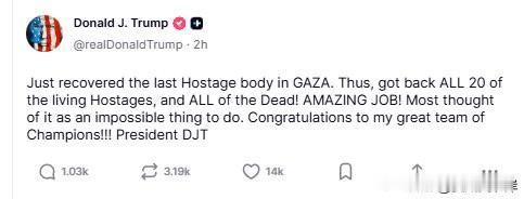 川普宣布加沙最后一名人质的遗体已被找到。
“刚刚在加沙找到了最后一名人质的遗体。