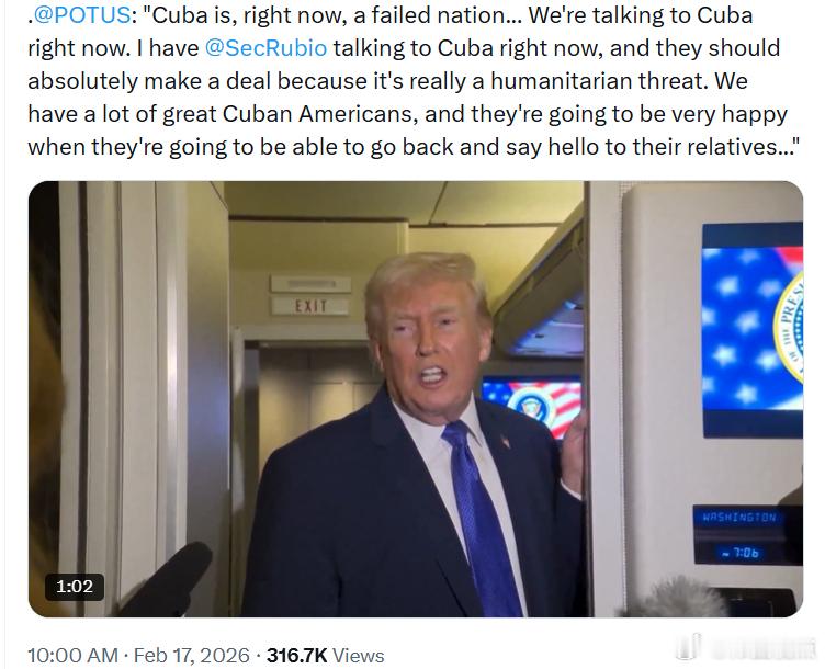 特朗普总统谈古巴：“古巴现在是一个失败的国家……我们正在和古巴方面进行对话。我正