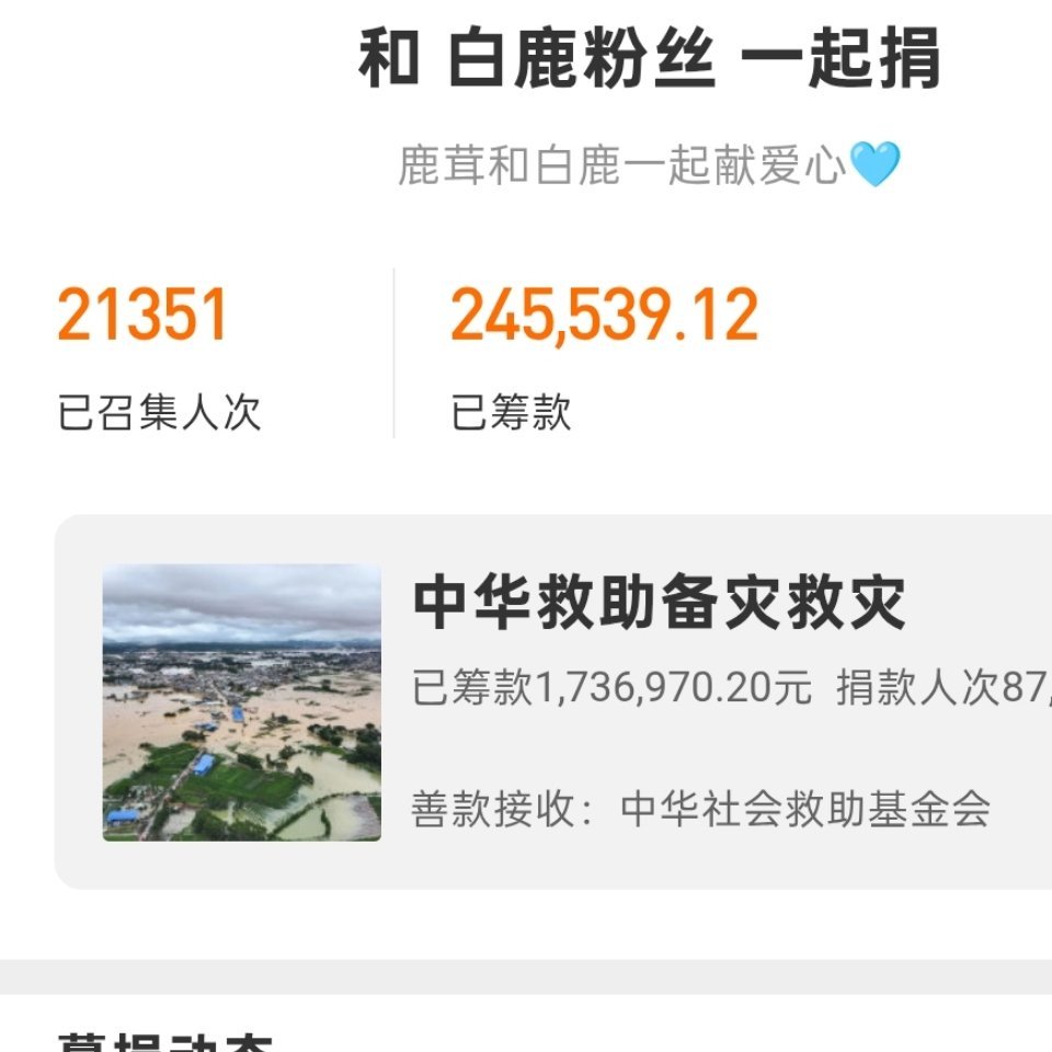 演员白鹿第一时间捐赠物资白鹿散粉也自发参与【一起捐微公益】召集人次女星第一 金额