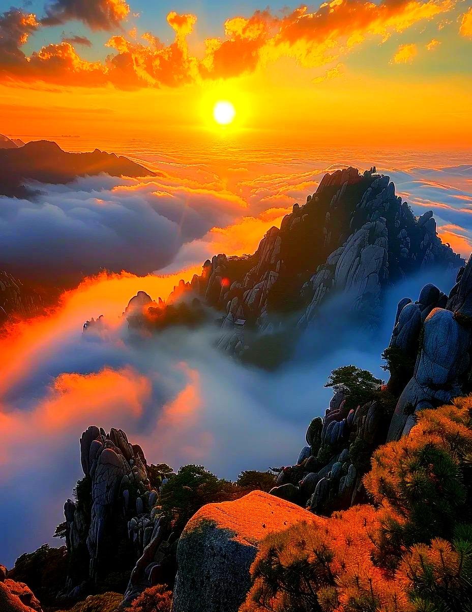 岱顶破晓时分，一轮朝阳挣脱云海跃出天际，万丈金光瞬间铺满群峰。泰山日出从来不止是